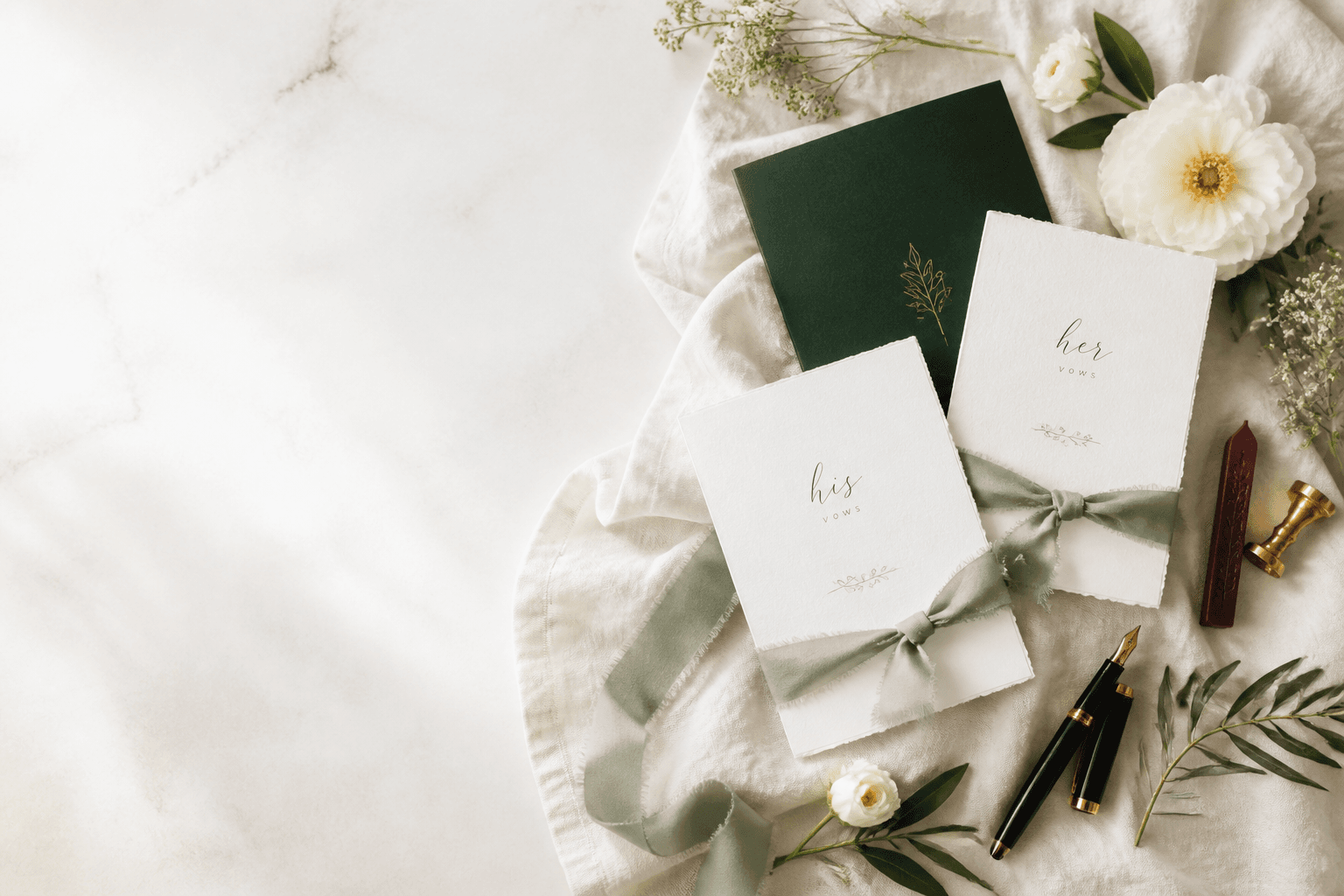 Open notebook, cards, and wedding writing stationery on a calm desk